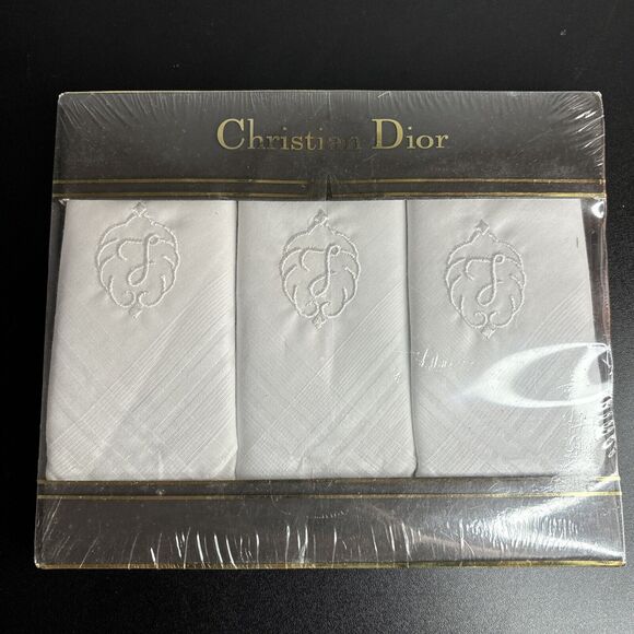 CHRISTIAN DIOR Mens "J” Monogrammed Handkerchiefs 2 3-Pack White Cotton Vintage - Picture 3 of 7